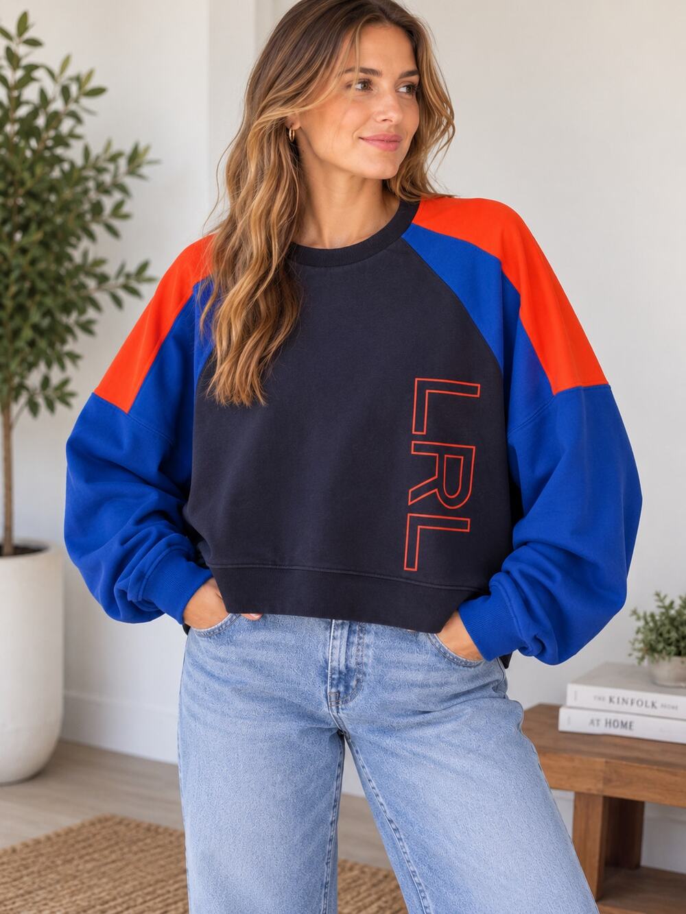 Lauren Ralph Lauren Women’s L/G Colorblock LRL Crewneck Sweatshirt Blue Orange